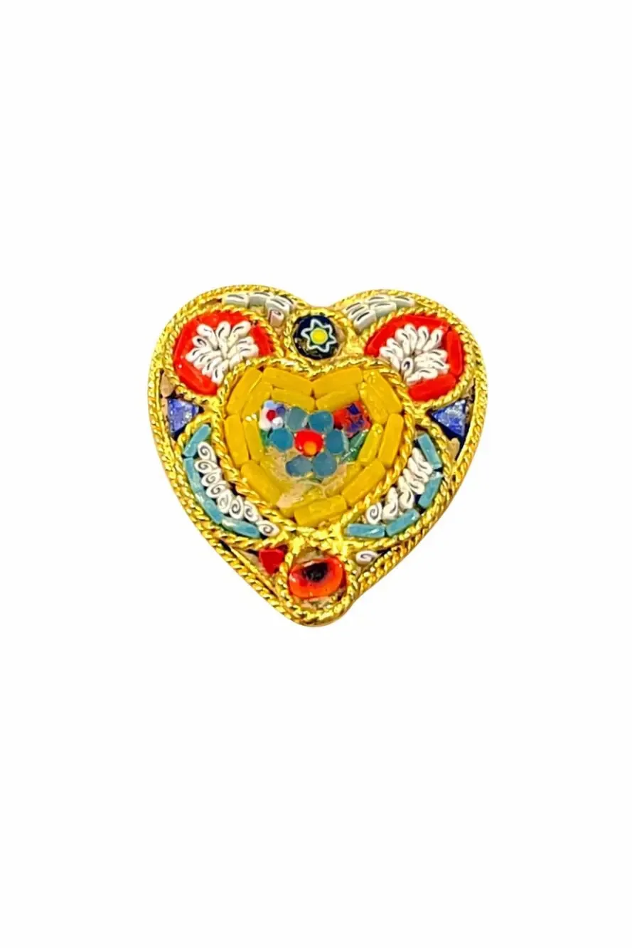 Vintage Italian micro mosaic heart brooch 1970's boho gold tone pin jewelry